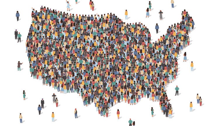 Map of the United States made up of images of people of different ethnicities