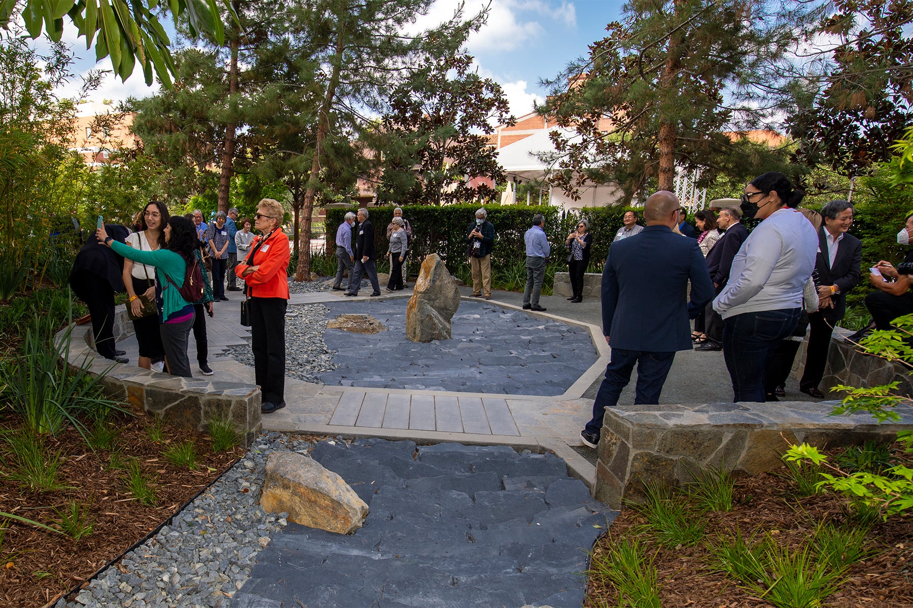 people exploring a rock garden