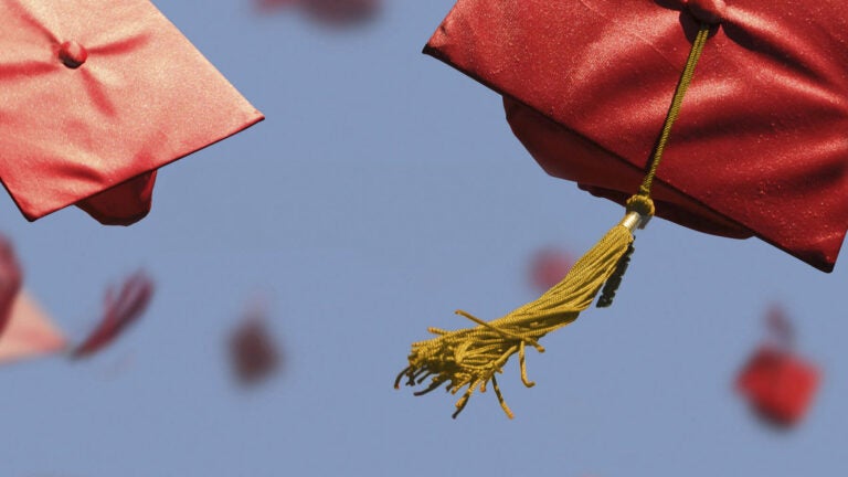 graduation caps in the air