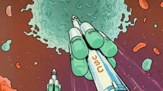 Rocket with a USC logo flying towards a cancer cell