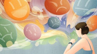 Woman with different colored emojis above her