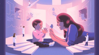 Women talking with a baby as doctors stand by and watch