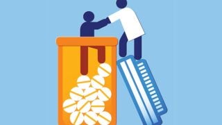 Doctor helping individual out of a pill bottle