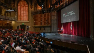 Carol L. Folt delivers address in Bovard Auditorium
