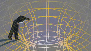 Illustration of man looking through a vortex.