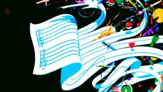 Illustration of musical notes leaving a page to turn into video game iconography