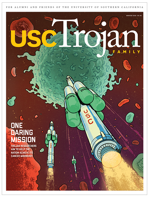 Trojan Family Magazine cover: Rockets launching into space