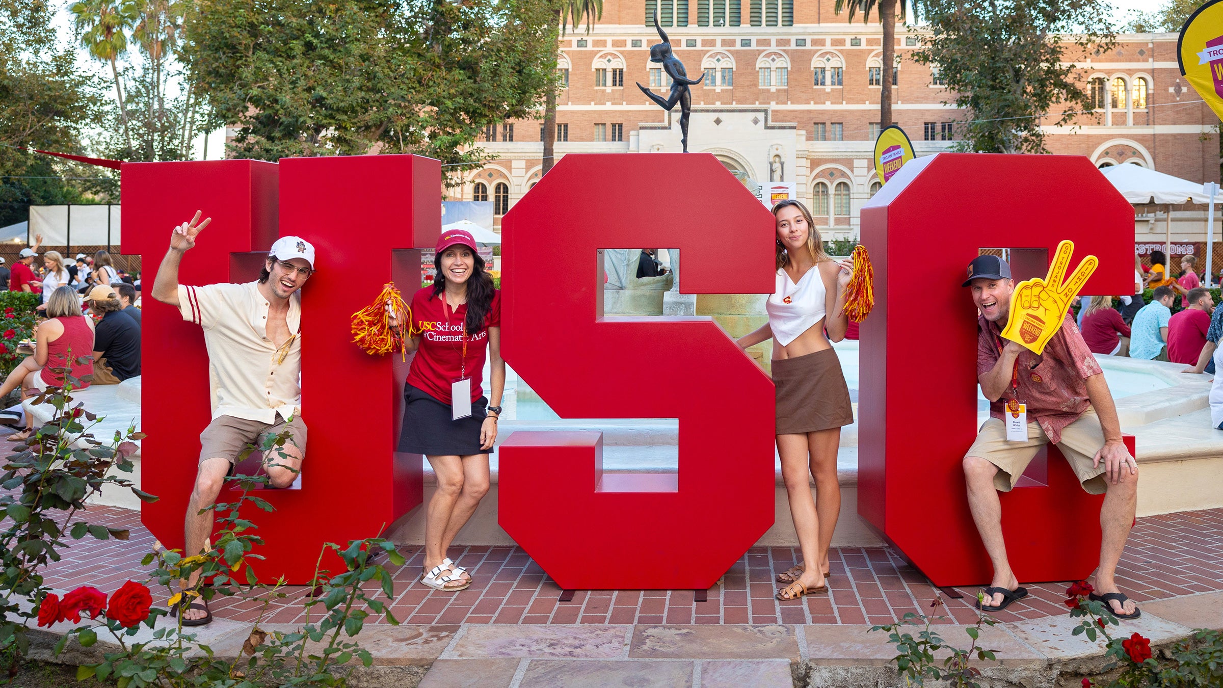 USC Trojan Family Weekend: posing with giant letters