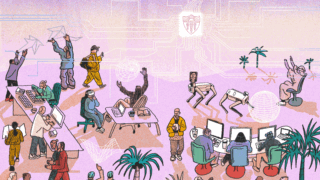 An illustration of people interacting with the Frontiers of Computing Initiative.