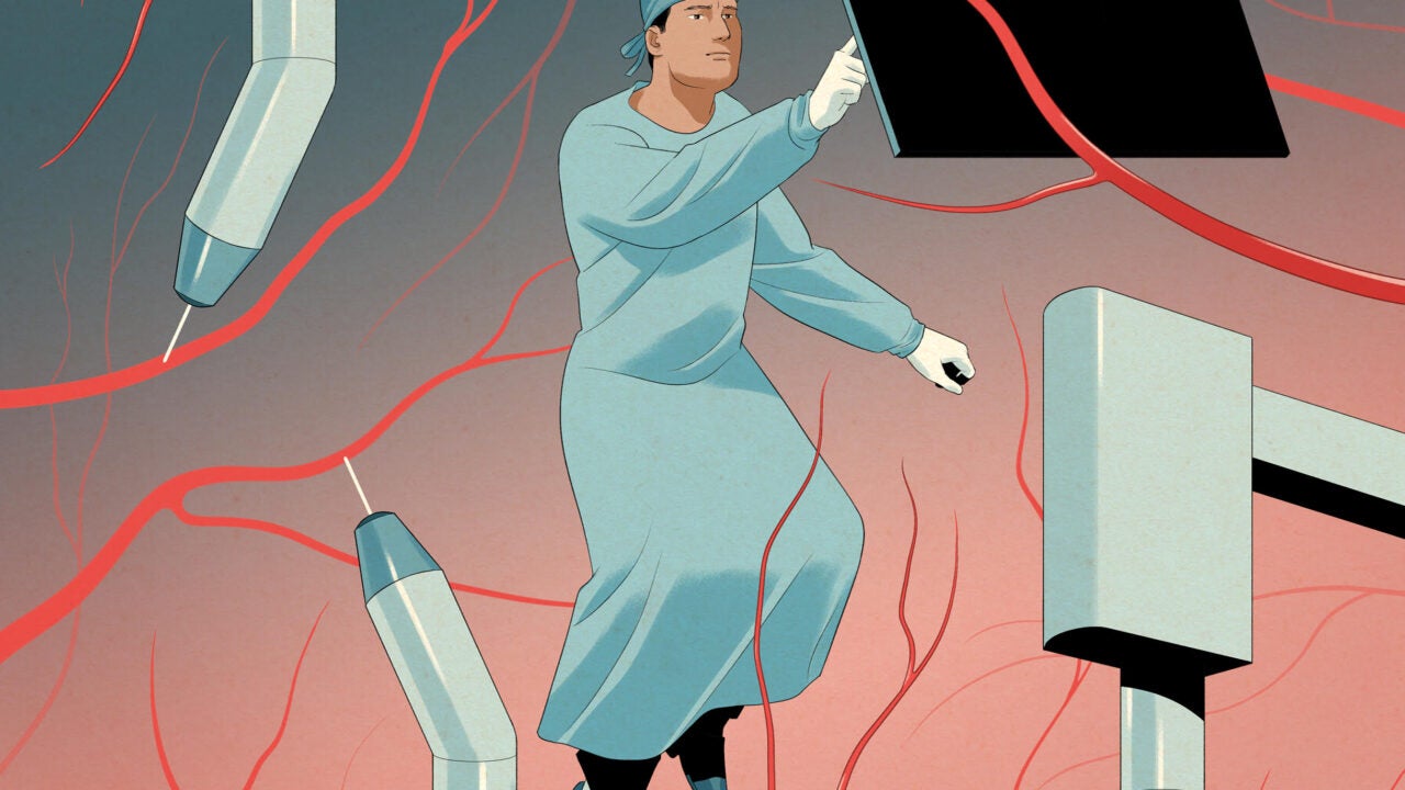 A surgeon floating through medical devices and red veins.