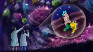 Illustration of 2 people using a telescope seeing bacteria