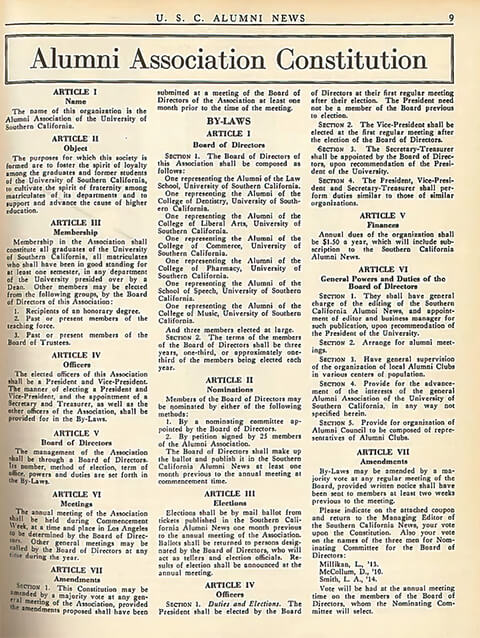 Scanned newspaper image of the USC Alumni Association Constitution