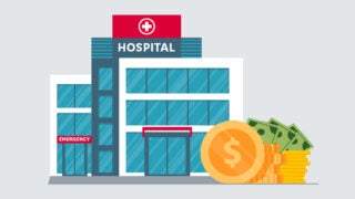 Illustration of a hospital with coins and dollars in front