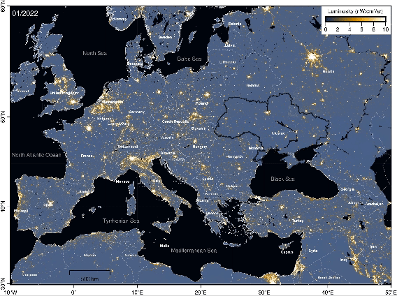 Ukraine devastation: Average night light in Europe during 2022