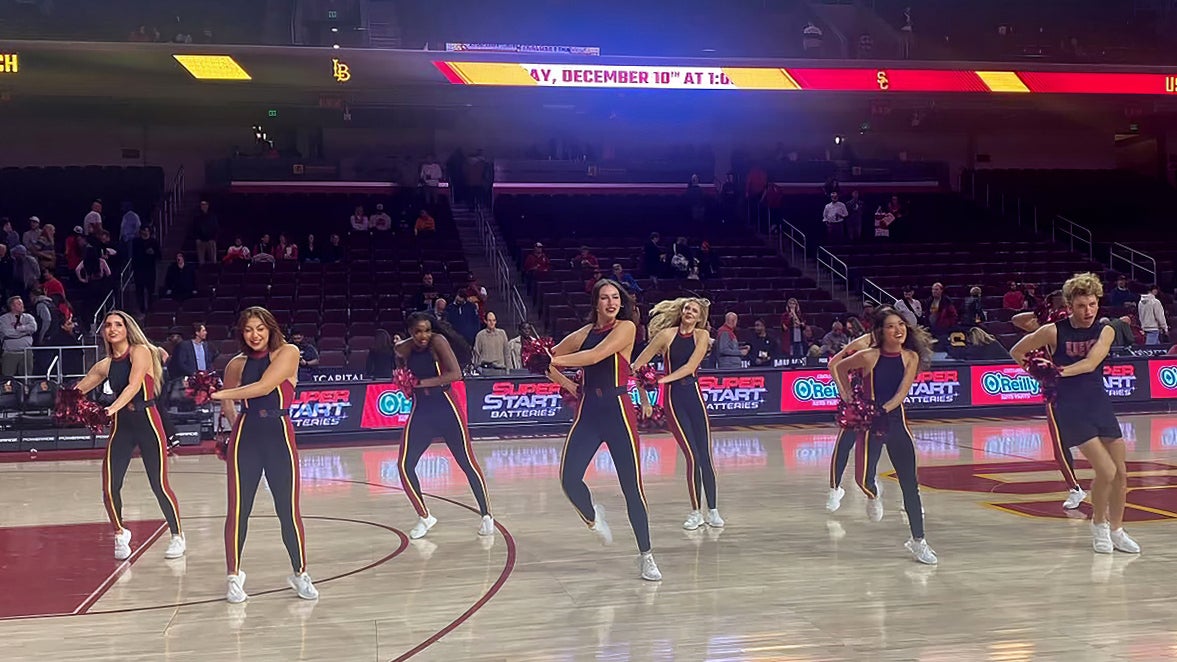 Hugo Miller performs with his USC Trojan Dance Force teammates at Galen Center