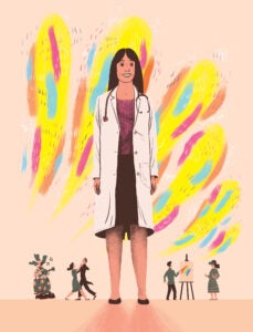 Illustration of a female doctor standing with miniature people underneath