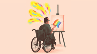 Illustrated man in a wheelchair painting a rainbow