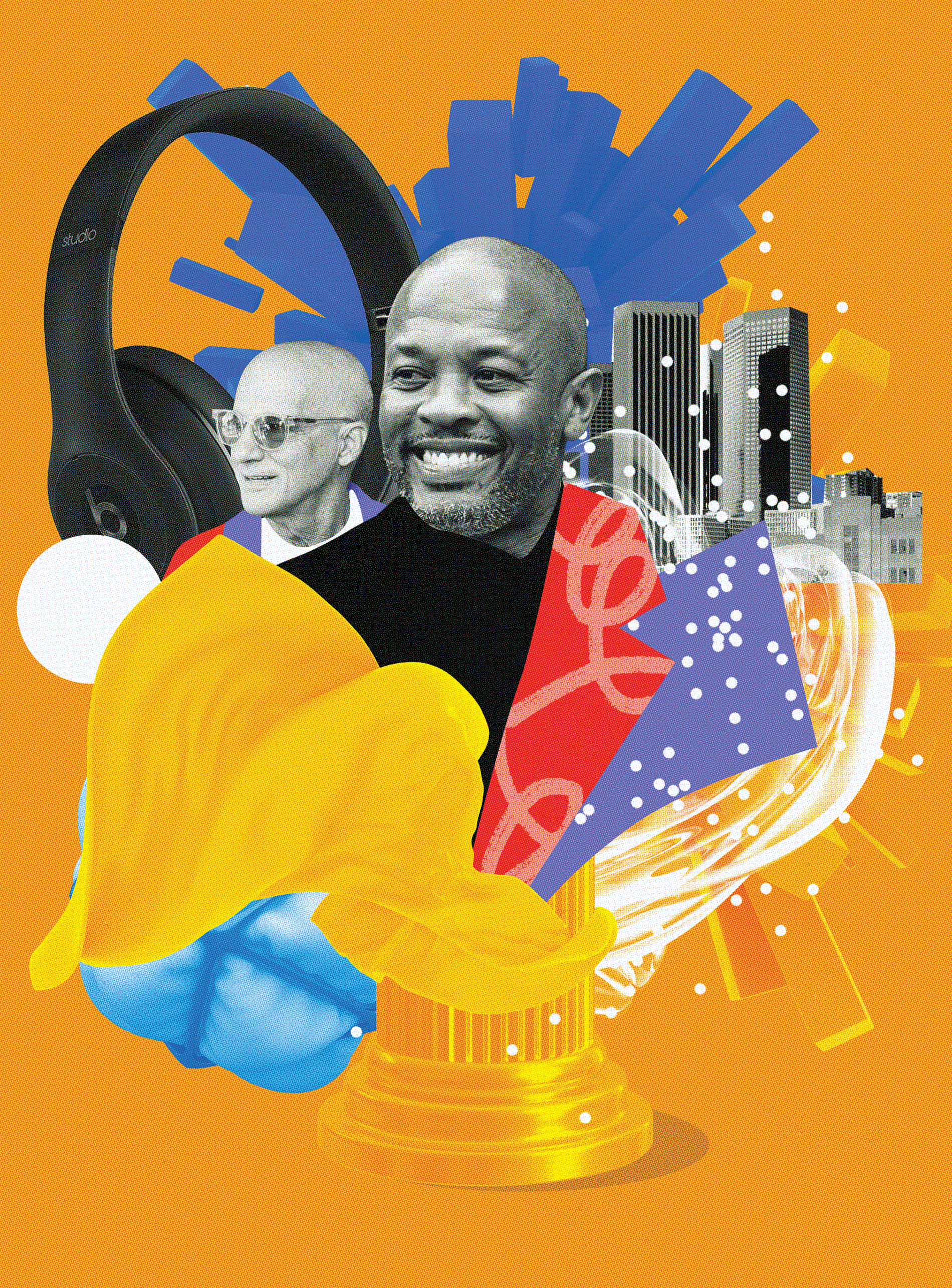 Illustration of Jimmy Iovine and Andre Young with DTLA and headphones in the backdrop over an orange background with pops of color.