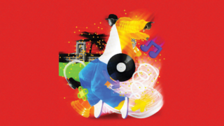 Illustration of a man dancing surrounded by illustrations and photos of Southern California and music industry symbols over a red background.