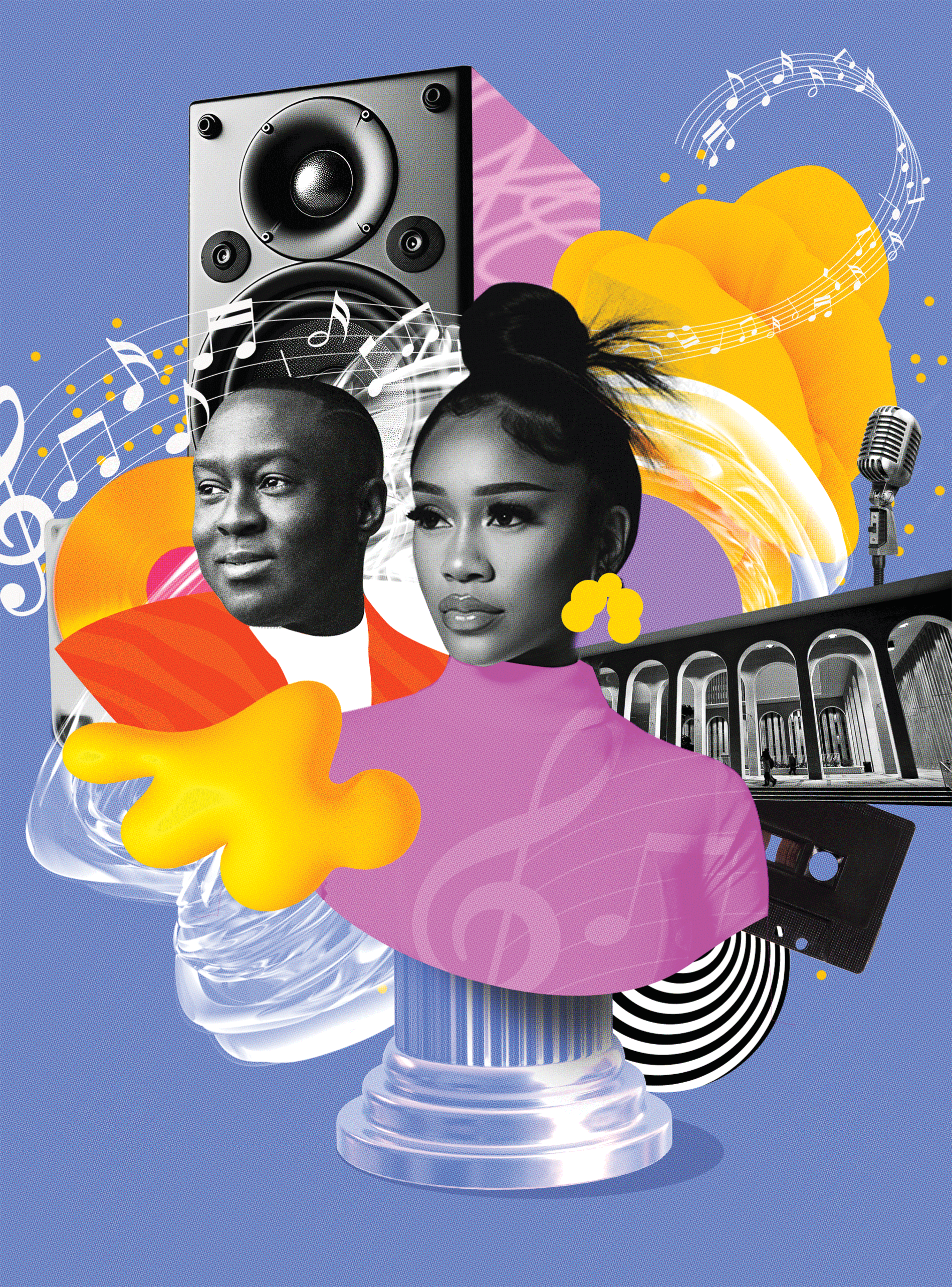 Illustration of Saweetie and Jason King surrounded by USC and musical instruments and tech in the backdrop over a lavender background.