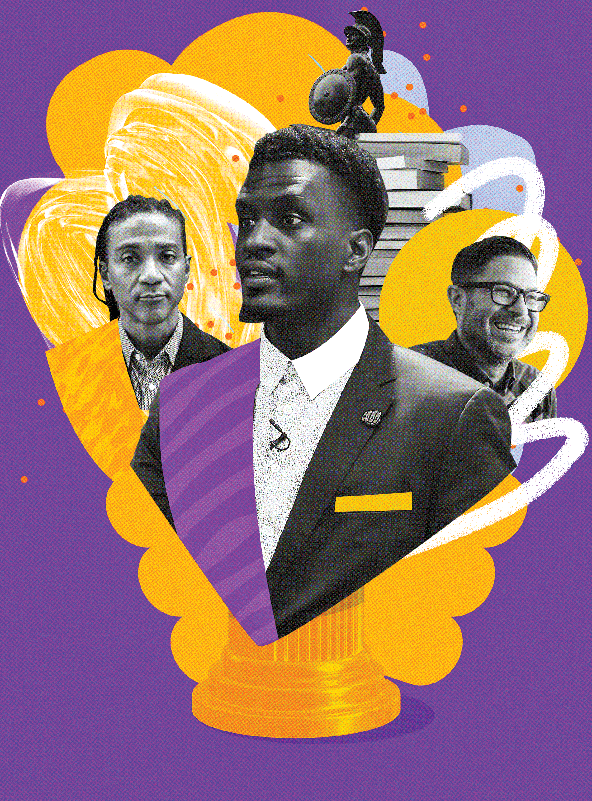 Illustration of Edwin Hill, Taj Frazier, and Josh Kun with images of books and Tommy Trojan in the backdrop over a purple background.
