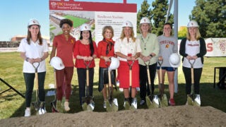 Rawlinson Stadium groundbreaking: Lindsey Munday, Simone Jackson, Maureen Rawlinson, Carol Folt, Jennifer Cohen, Cheryl Robinson, Claudia Shevitz and Jane Alukonis.