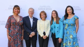 USC Lambda LGBTQ+ Alumni Association garden party: Carla Ibarra, David Bohnett, Carol Folt, Megan van der Toorn and Monique Allard