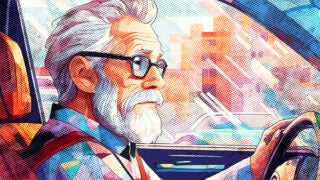 Illustration of older man driving a car
