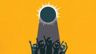 People celebrate watching the solar eclipse with protective glasses. poster template, web banner, or card. retro vector illustration.