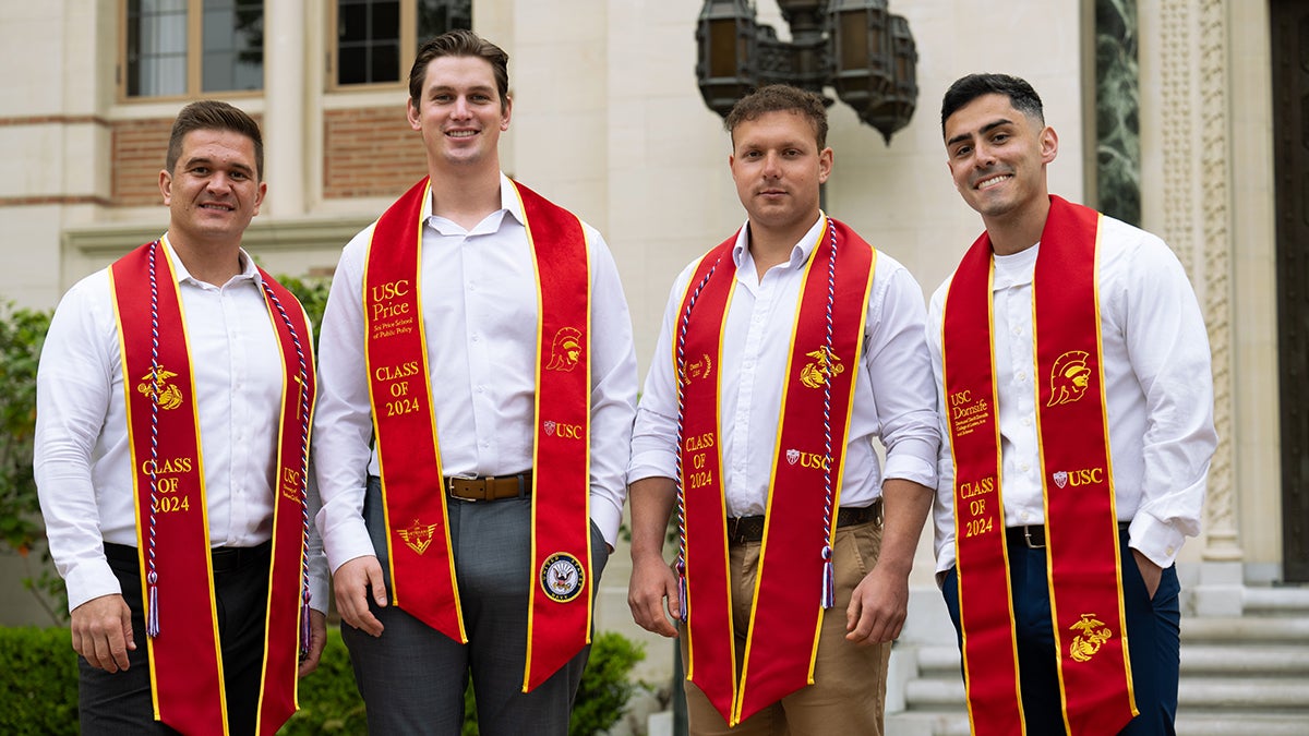 USC 2024 commencement: Veterans Ryan Anderson, Mitch Adams, Noah Aloush and Alexis Bresino