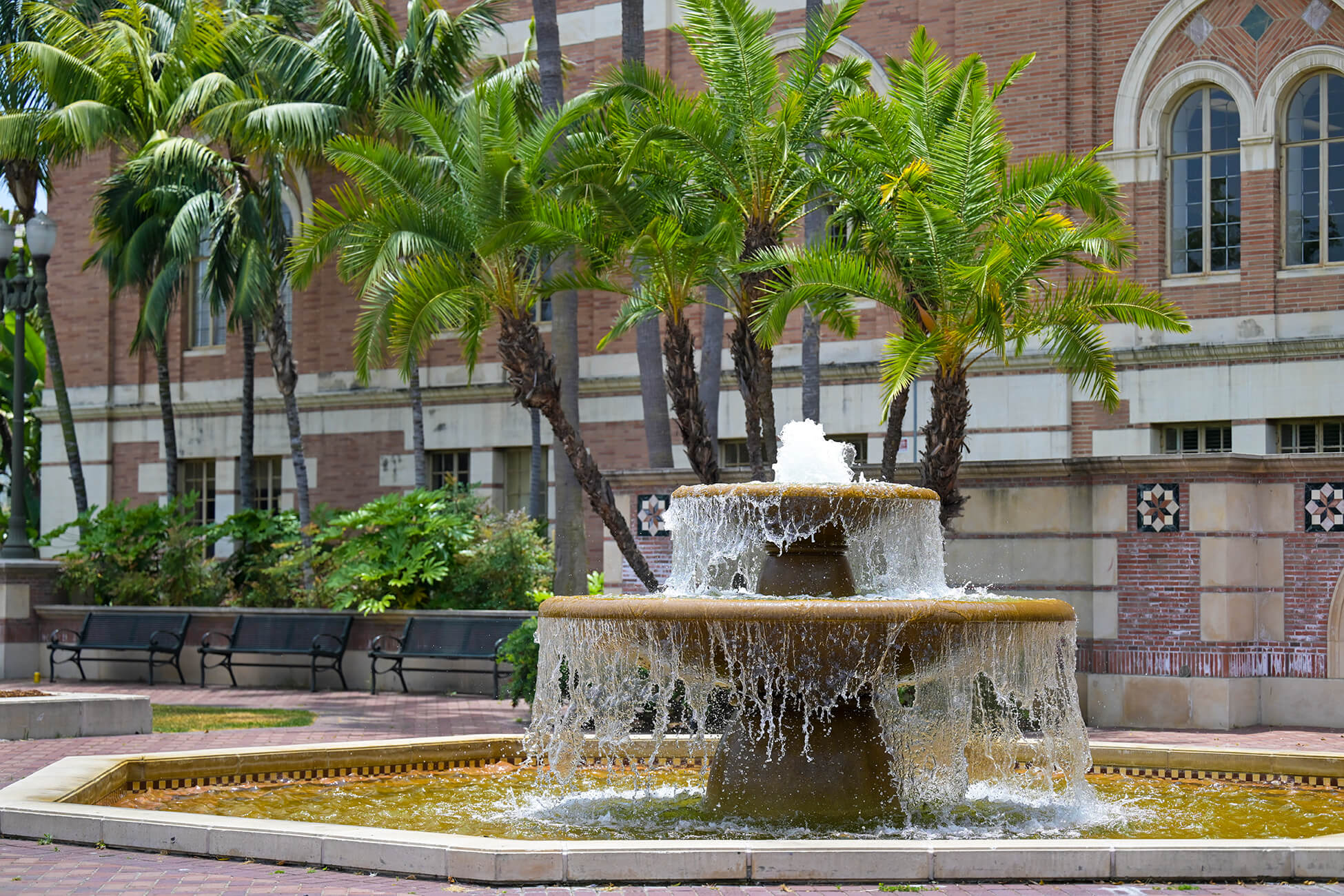 McCarthy Quad’s large, two-tiered fountain at the center of the Carolyn Craig Franklin Library Garden Courtyard