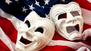 Comedy and tragedy masks in front of American flag