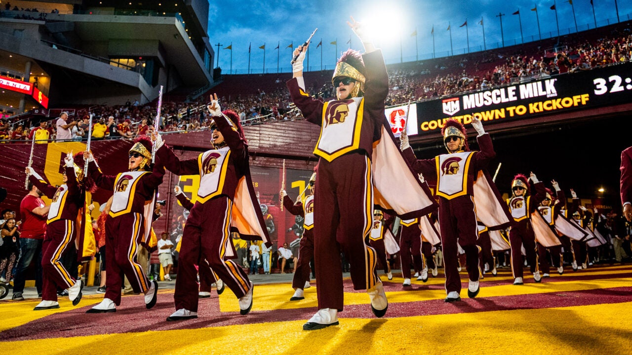 The Trojan Marching Band perform at the Sept. 9, 2023, football game against Stanford University. (Photo/Christopher Mora-USC Athletics)