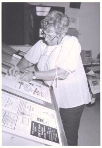 Hard, who worked in USC Student Publications, is placing advertisements on the layout of the following day’s issue of the Daily Trojan. (Photo/Brent Merritt)