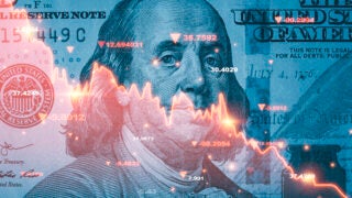Illustration: Benjamin Franklin face on dollar with financial charts