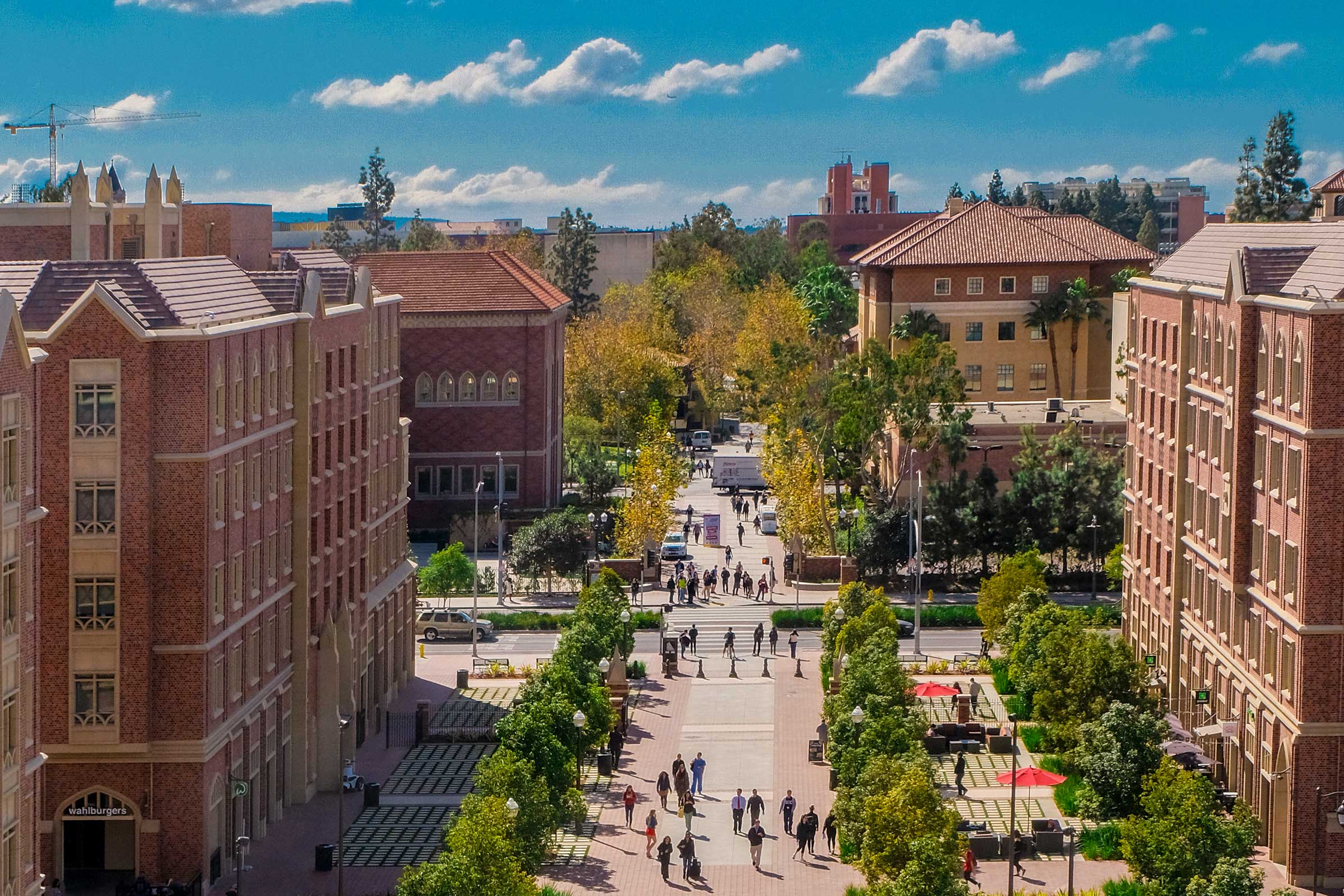 Birds-eye view shot of USC Village