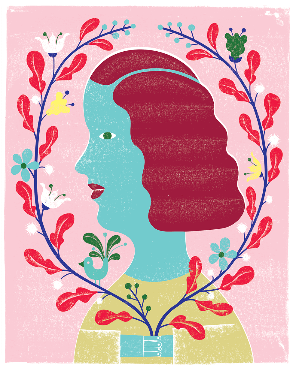 Illustration of a person with red hair, encircled by colorful flowers and a small blue bird, against a pink background.