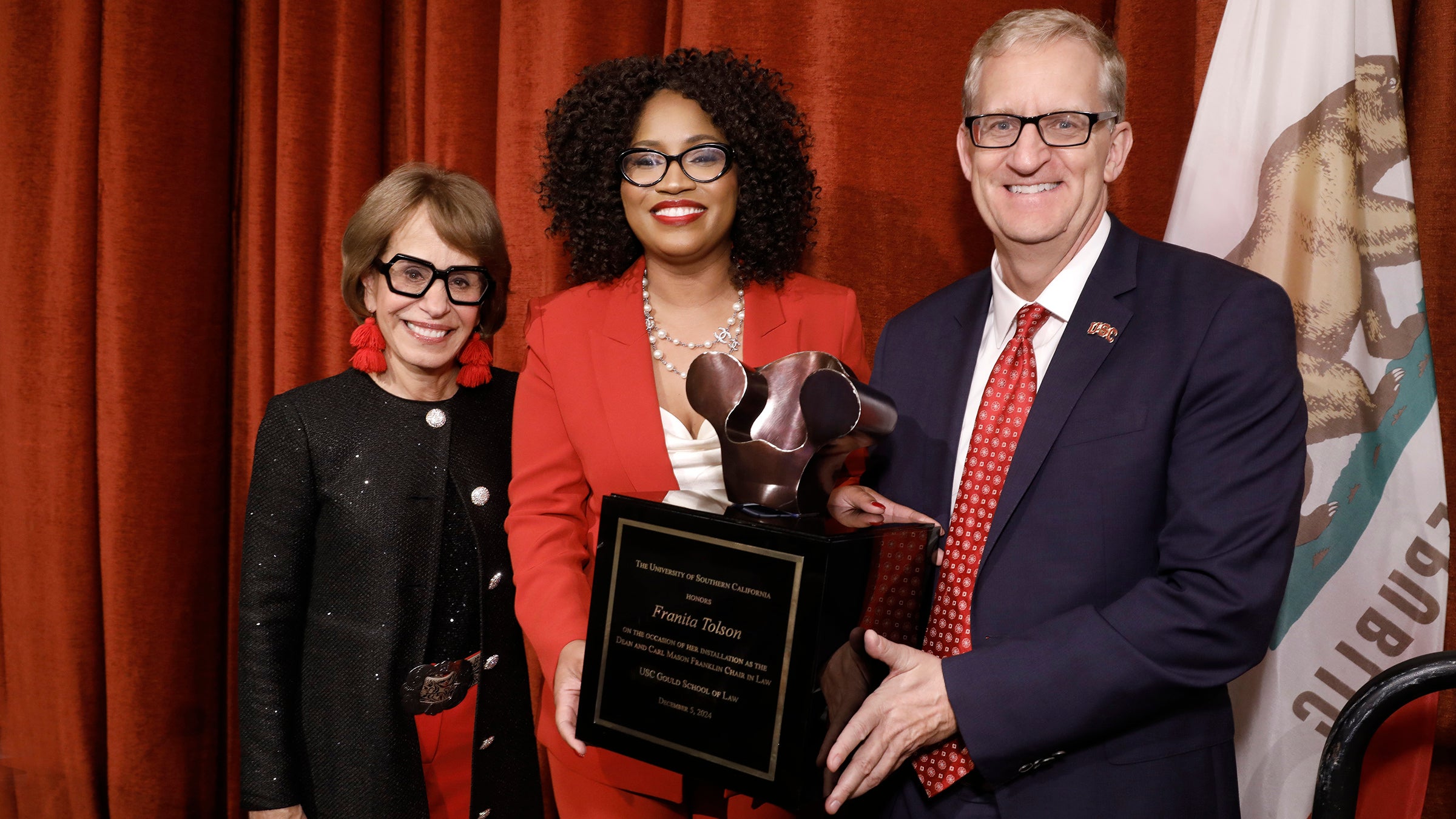 USC President Carol Folt, USC Gould Dean Franita Tolson and USC Provost Andrew T. Guzman