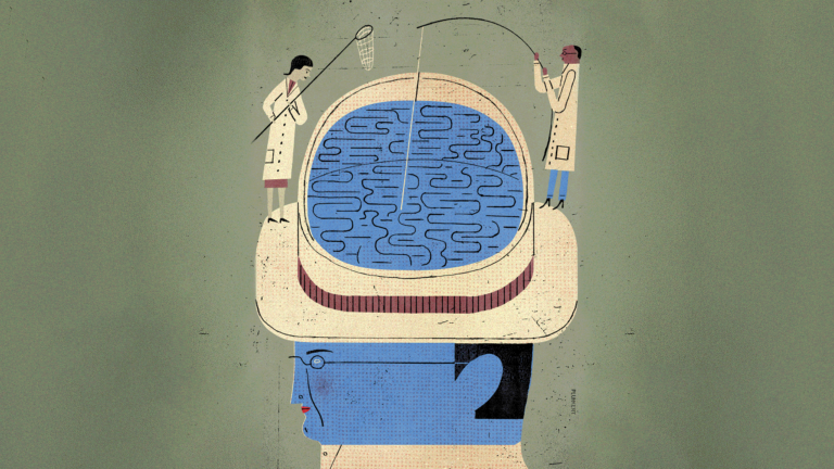 Illustration of two people fishing in a character's brain