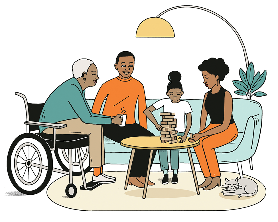 Illustration of a family playing a game of Jenga together on a sofa, with a person in a wheelchair holding a cup, and a cat sleeping nearby.