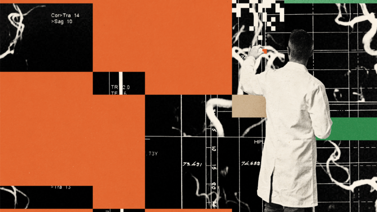 A collage featuring medical imagery with a person in a lab coat pointing at a screen displaying brain scans and diagrams.