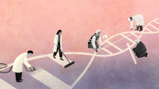 Illustration of people constructing a DNA strand