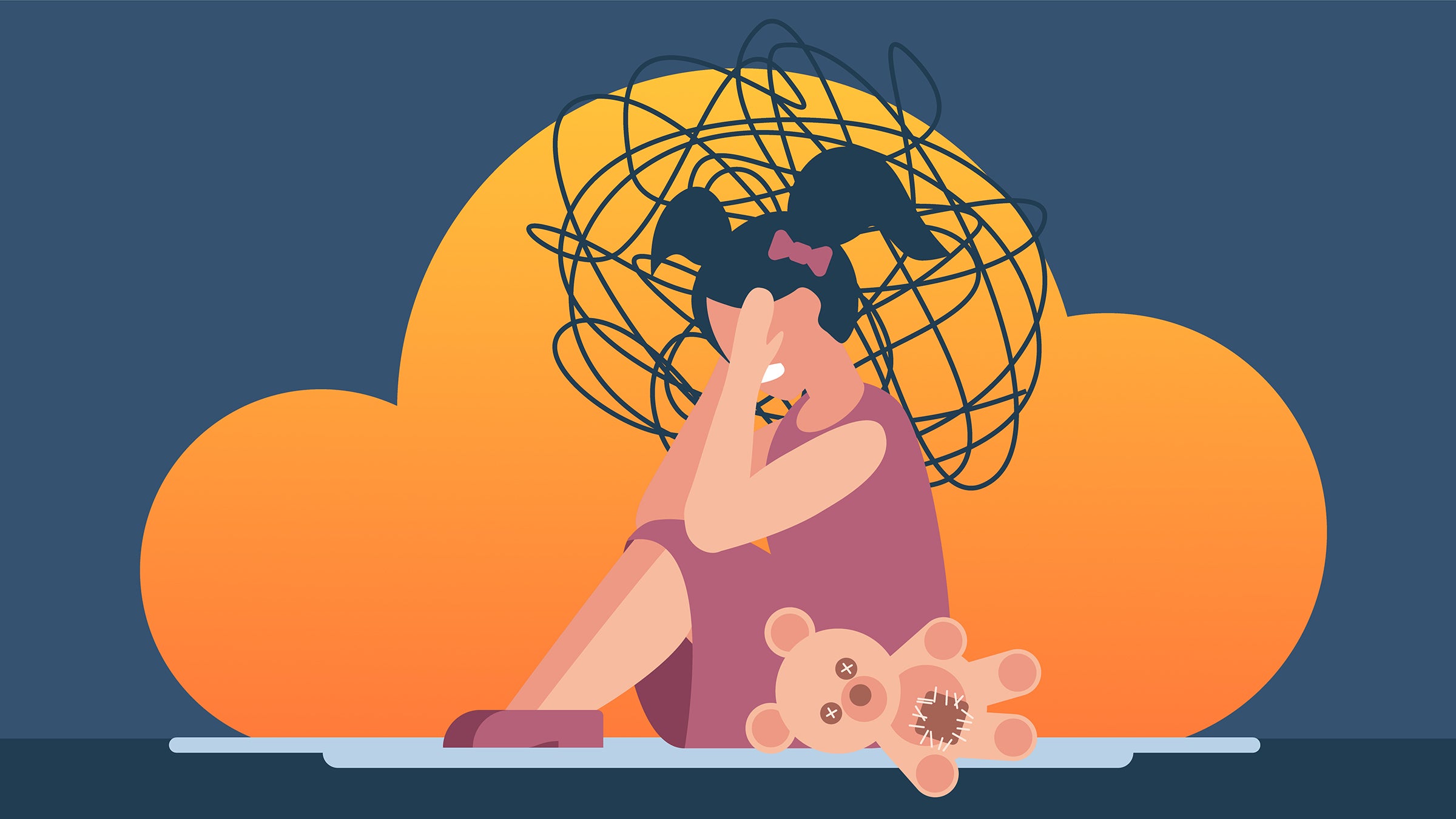 Child protection. The girl is sitting on the floor and crying. Insecurity, bullying of children. Flat design. Bullying, harassment of children. Abstract vector illustration.