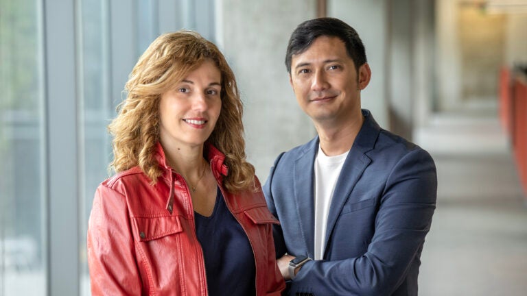 Vaia Lida Chatzi (left) and Max Aung are studying the health impacts of PFAS, a group of manmade chemicals linked to fatty liver disease, fertility issues, learning delays, hypertension, cancer and other ailments. They recently received an $8 million, 5-year grant from the National Institute of Environmental Health Sciences to establish a USC Superfund center to research and address PFAS contamination. (USC Photo/Gus Ruelas)