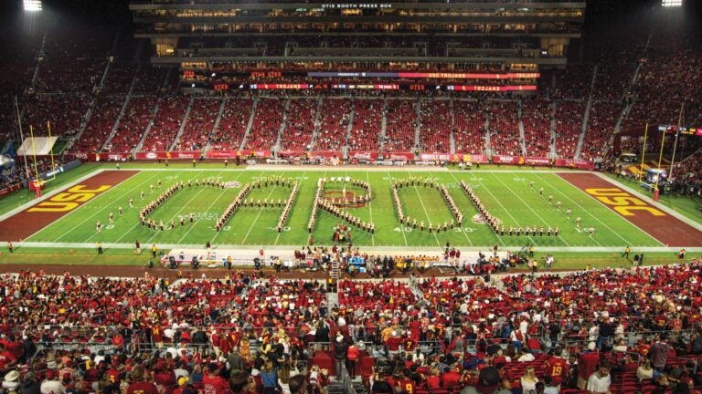 USC President Carol Folt was honored shortly after her tenure began at a USC-Utah game in September 2019. (USC Athletics Photo/John Dunst)