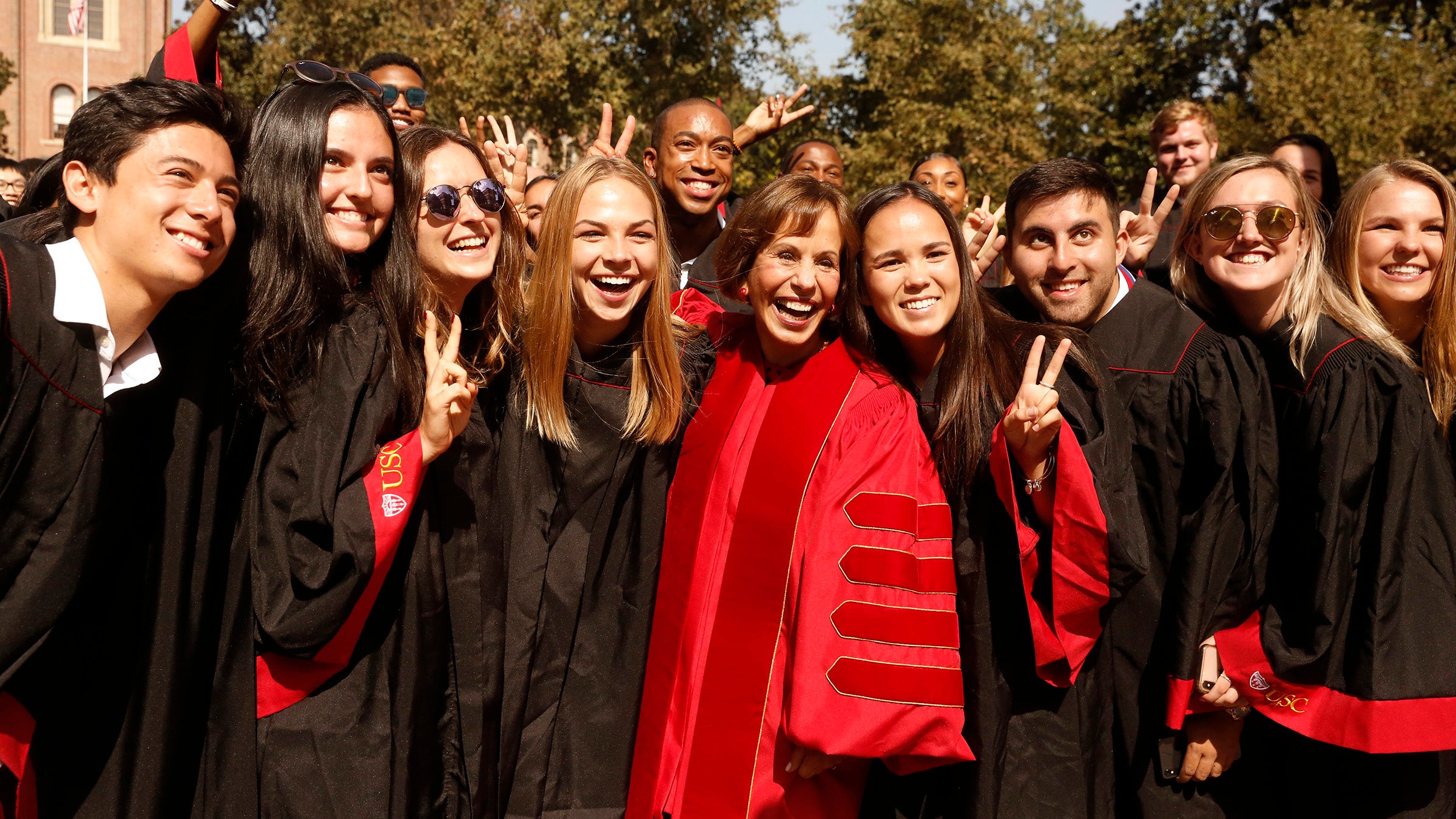 Students have been a central focus of USC President Carol Folt’s presidency from the beginning of her tenure; at her 2019 inauguration, she even stopped to take a few photos with them during the celebration. (USC Photo/Steve Cohn)