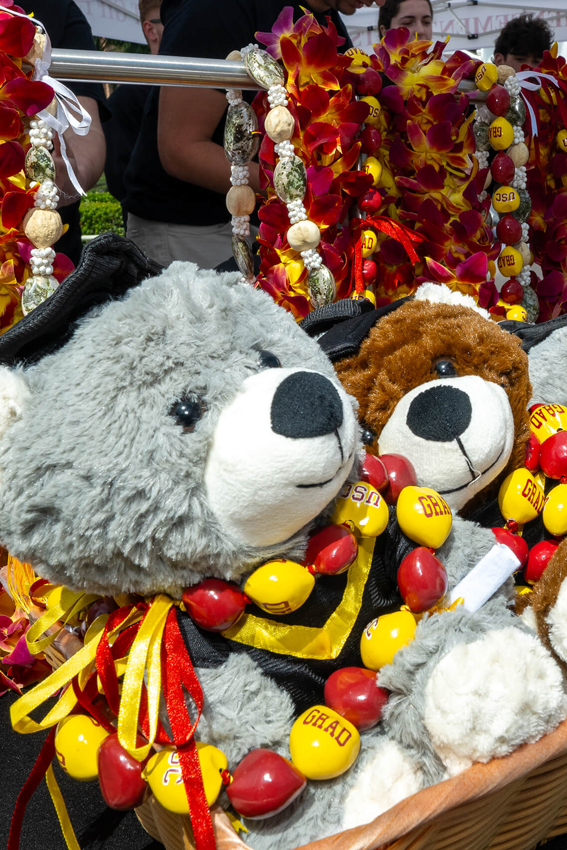 Stuffed teddy bears in USC regalia with