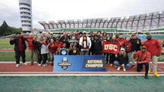 USC's men's track and field wins a share of the NCAA track and field championships on Friday in Eugene, Ore., (Photo: Kirby Lee, Imagn Images)