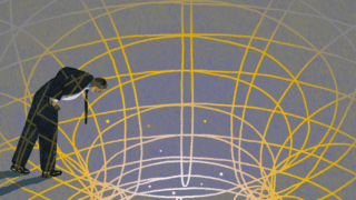 Illustration of man looking through a vortex.