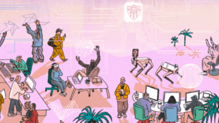 An illustration of people interacting with the Frontiers of Computing Initiatives.